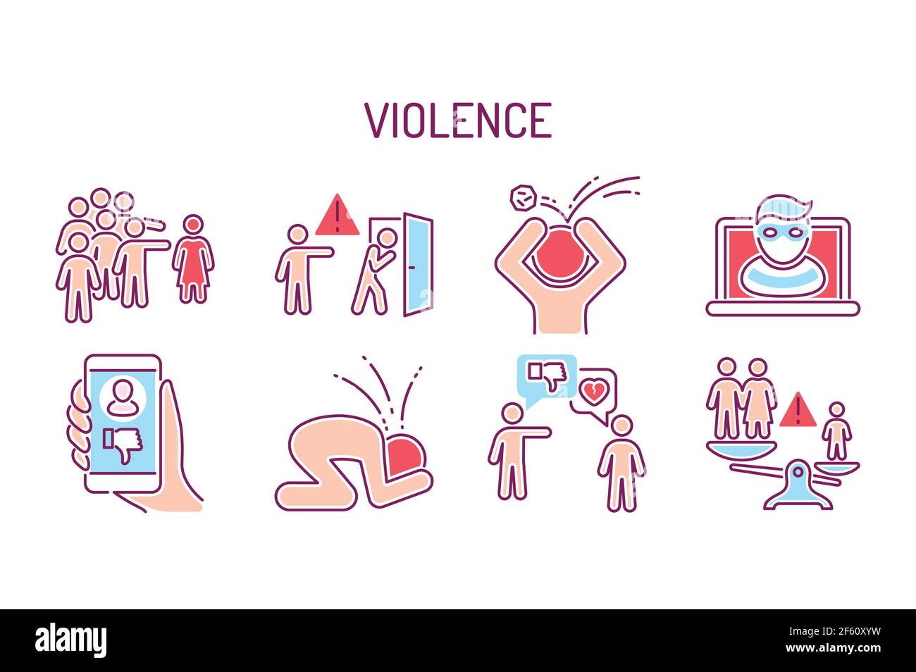 Jeu d'icônes de ligne de couleur de violence. Harcèlement, abus social et intimidation. Elément vectoriel isolé. Illustration de Vecteur Jeu d'icônes de ligne de couleur de violence. Harcèlement, abus social et intimidation. Elément vectoriel isolé. Illustration de Vecteur