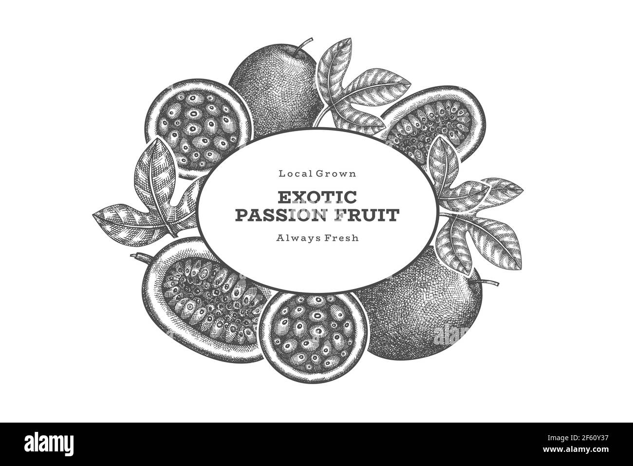 Bannière fruit passion dessinée à la main. Illustration vectorielle de fruits frais biologiques. Modèle rétro de fruits exotiques Illustration de Vecteur