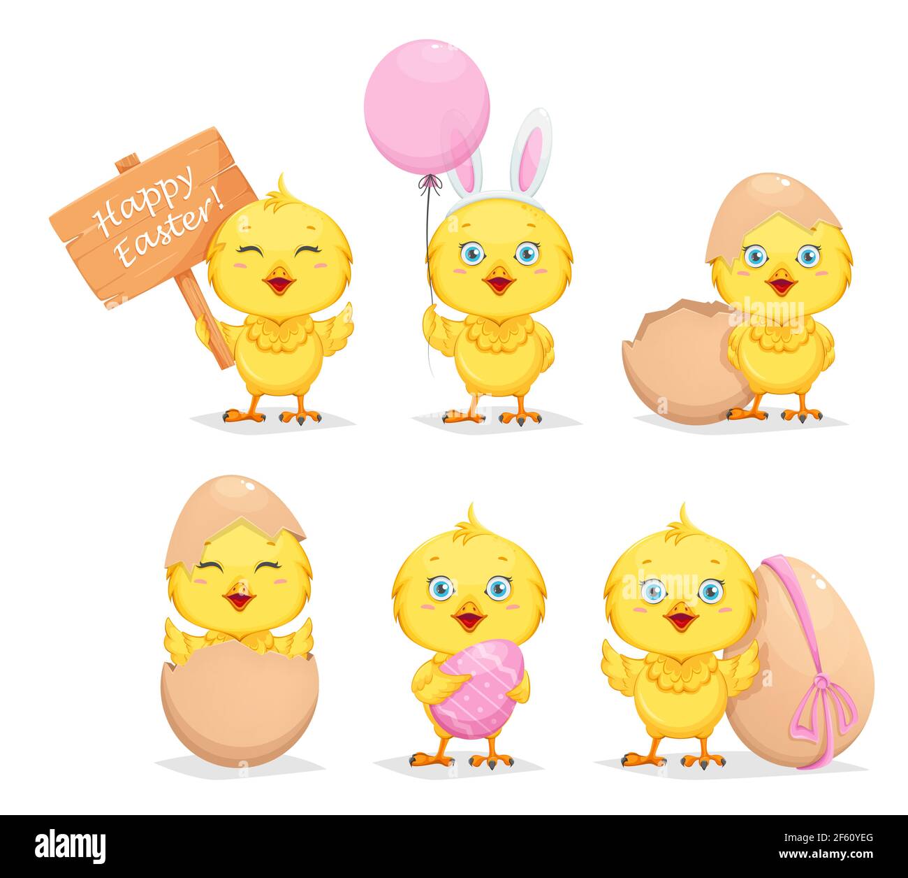 Mignon petit poussin, ensemble de six poses. Joyeuses Pâques. Drôle de personnage de dessin animé de poulet de bébé. Illustration du vecteur de stock Illustration de Vecteur