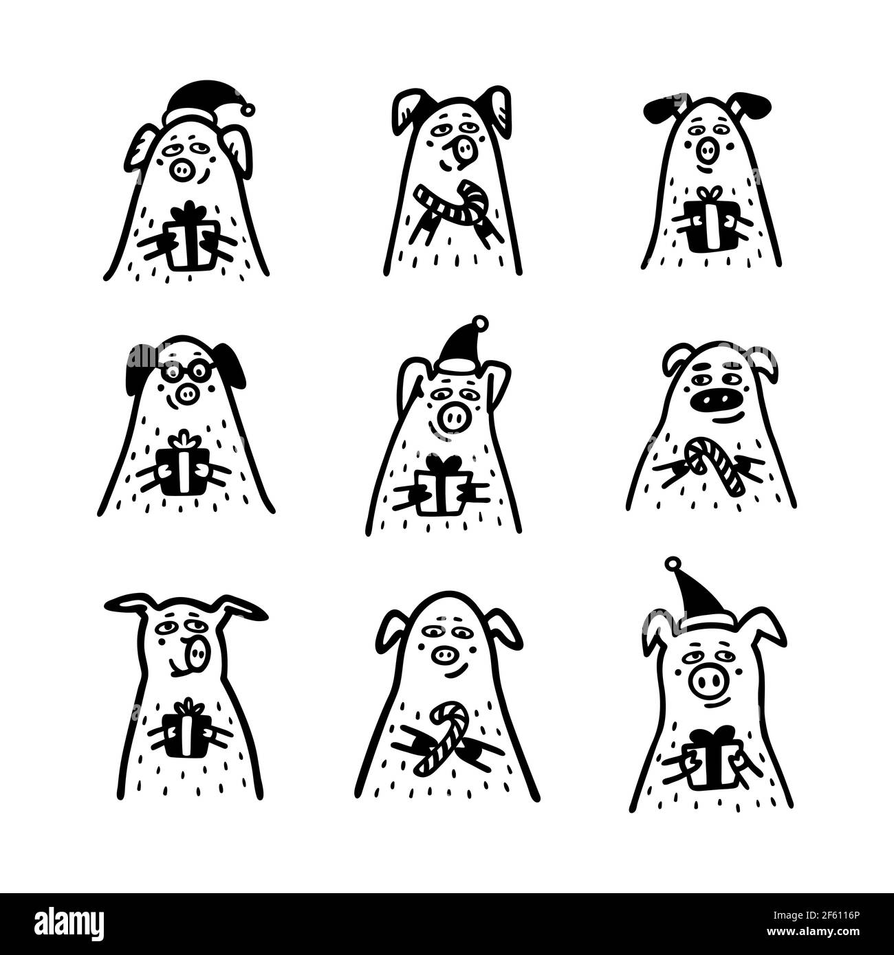 Jeu de cochons. Cochons amusants avec des cannes de bonbons, des cadeaux et des chapeaux de père noël. 2019 symboles nouvel an chinois. Caractères de style Doodle pour cartes de vœux, impression, icône, St Illustration de Vecteur