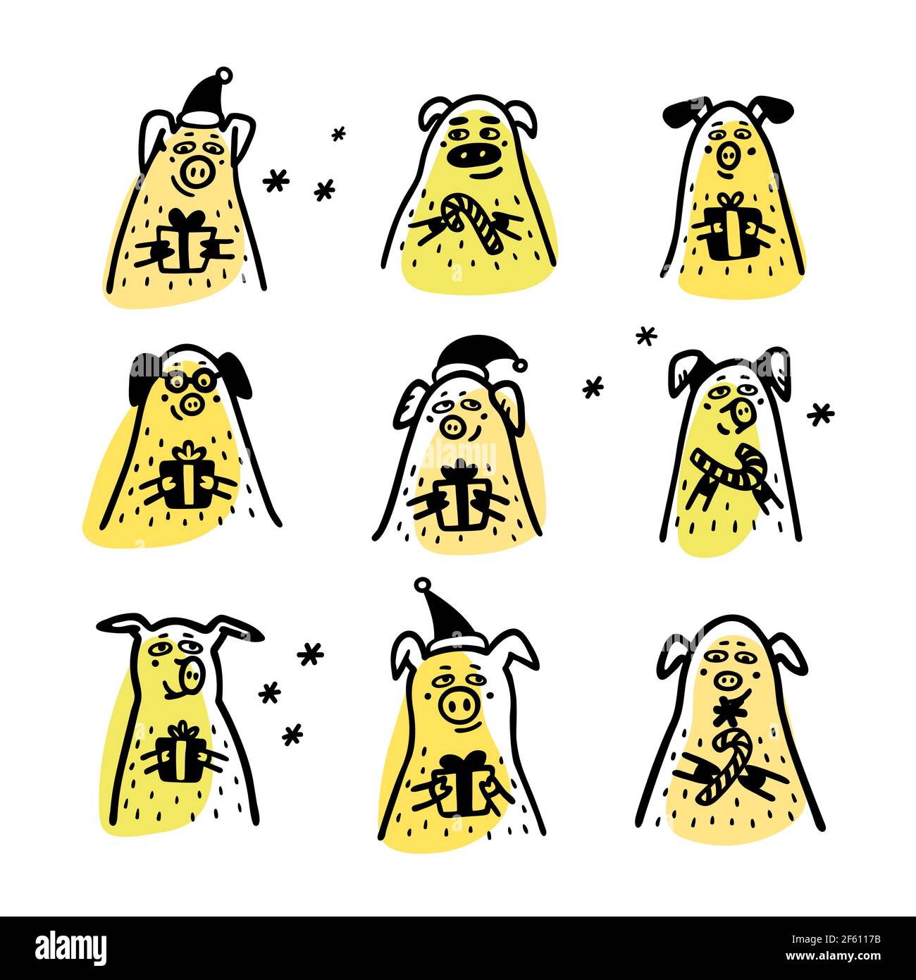 Jeu de cochons. Cochons jaunes amusants avec des cannes de bonbons, des cadeaux et des chapeaux de père noël. 2019 symboles nouvel an chinois. Personnages de style Doodle pour cartes de vœux, impression, i Illustration de Vecteur