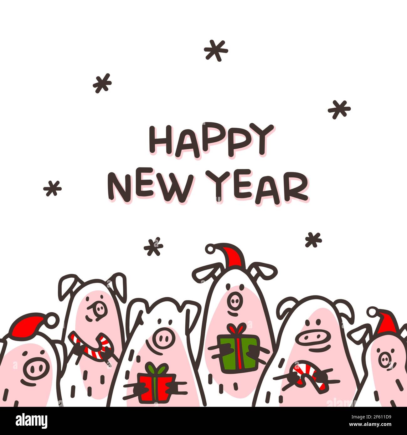 Carte de vœux de bonne année à motif cochon. Cochons amusants avec des