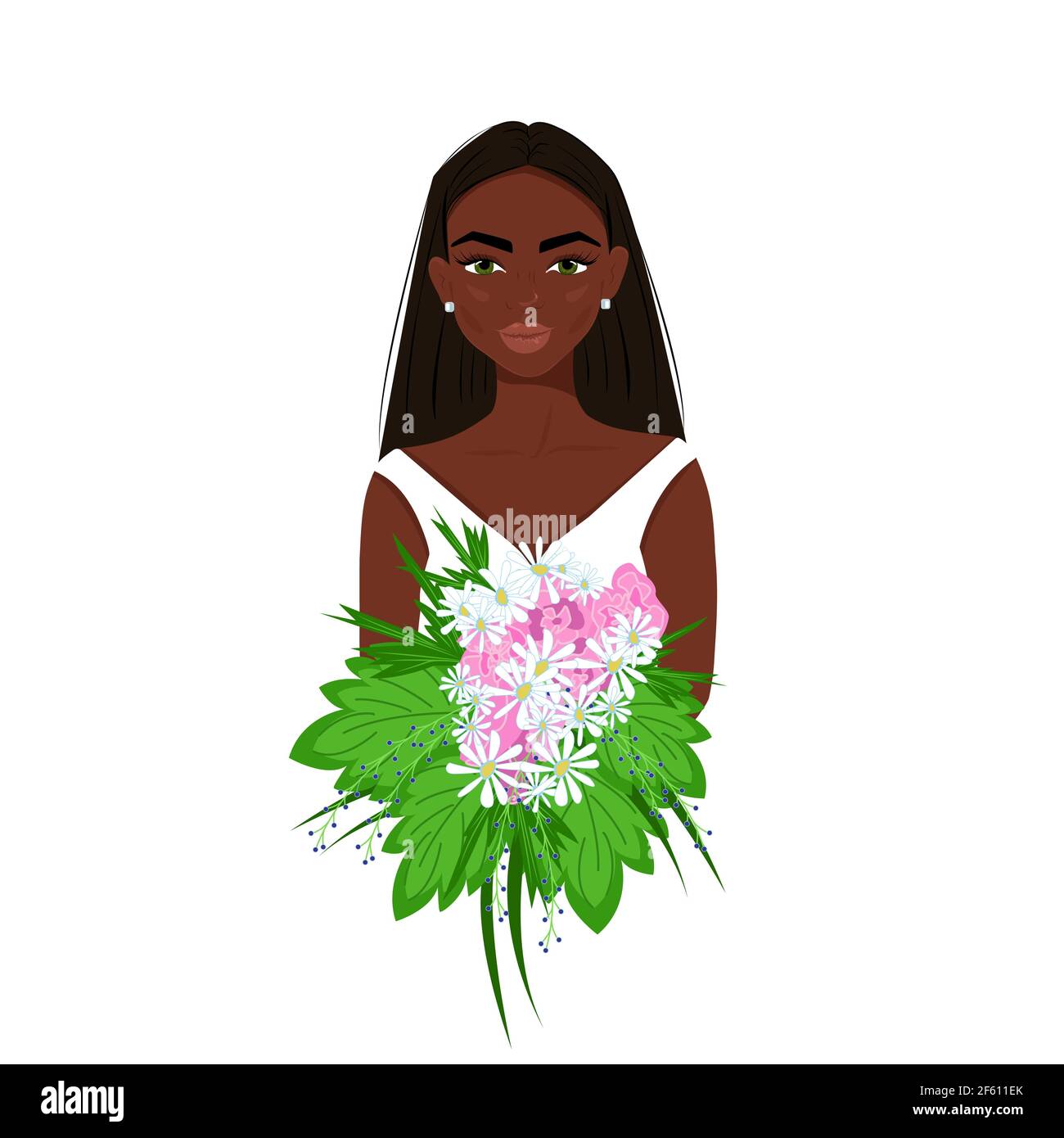 Fille noire en blanc avec un bouquet de fleurs dans ses mains, jolie femme afro avec maquillage, magnifique avatar féminin, illustration vectorielle de style plat. Illustration de Vecteur