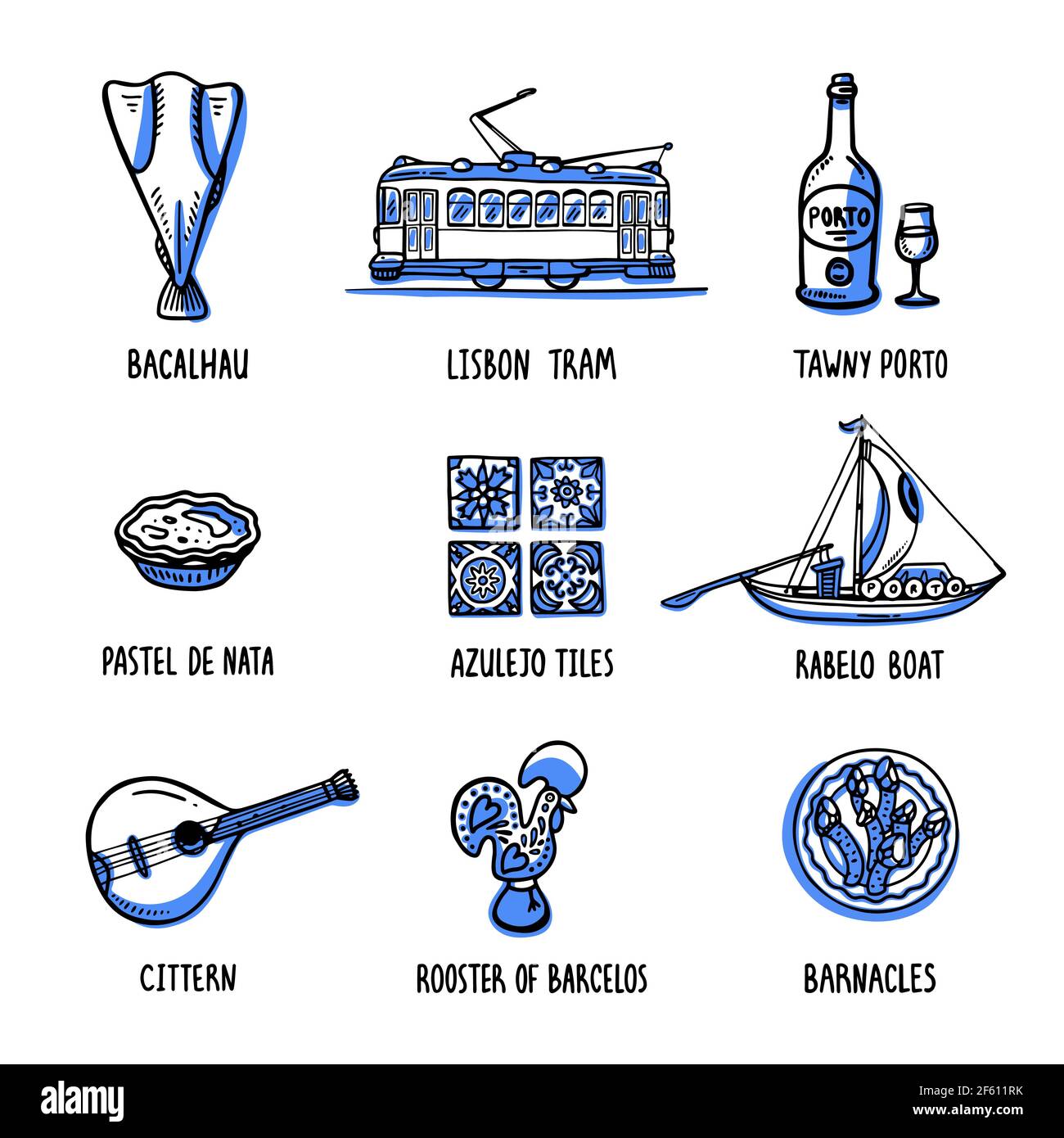 Portugal sites touristiques ensemble. Symboles du Portugal. Illustration vectorielle de style d'esquisse dessinée à la main. Illustration de Vecteur