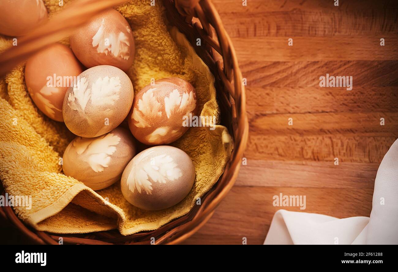 Peints avec des teintures naturelles, les œufs de poulet aux motifs végétaux se trouvent dans un panier en bois avec une serviette jaune, qui se tient sur une table en bois éclairée par Banque D'Images