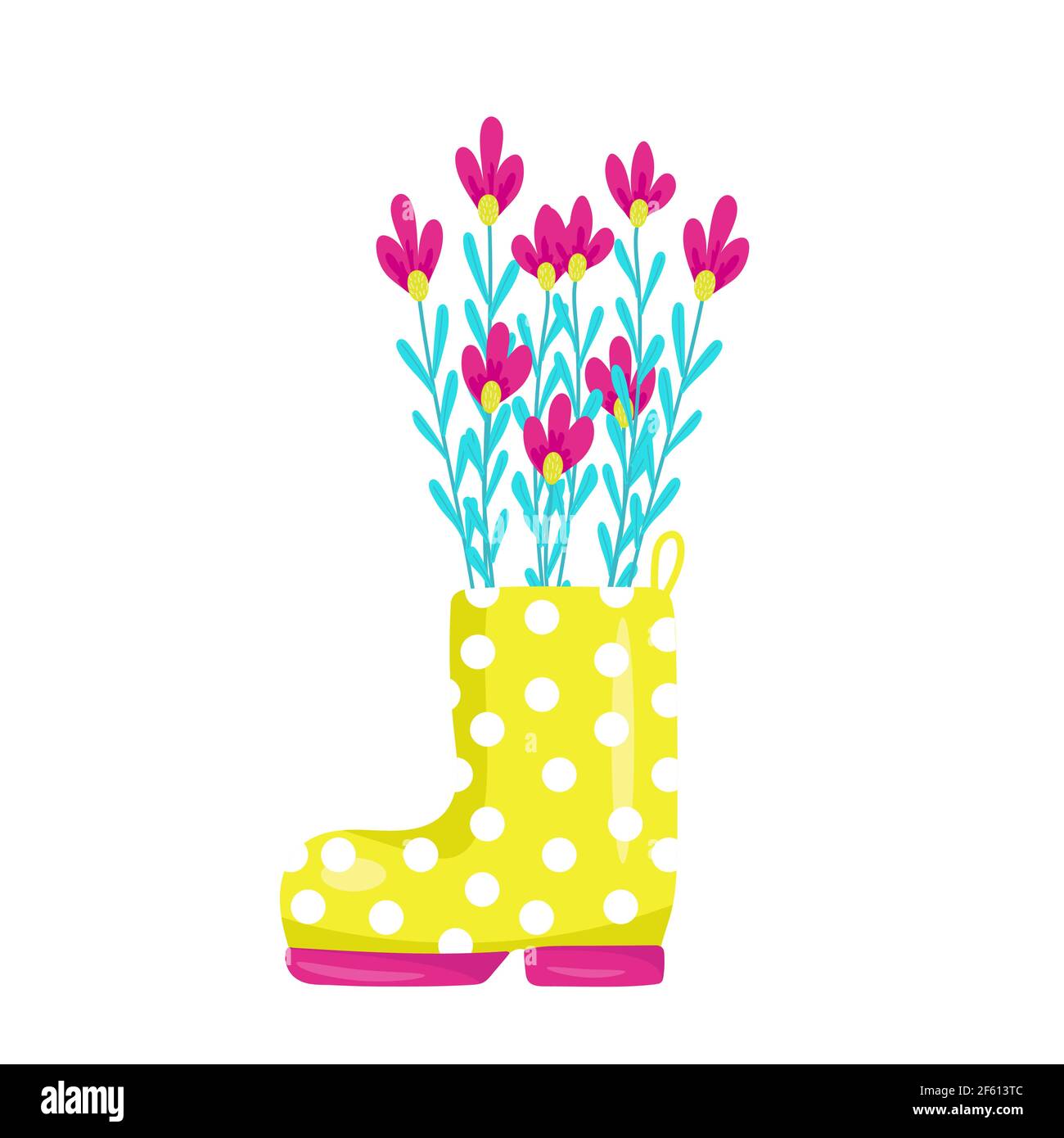 Fleurs de printemps mignonnes en bottes de caoutchouc jaune, élément de design et de décor, composition de printemps, illustration vectorielle de style dessin animé, dessin à la main Illustration de Vecteur