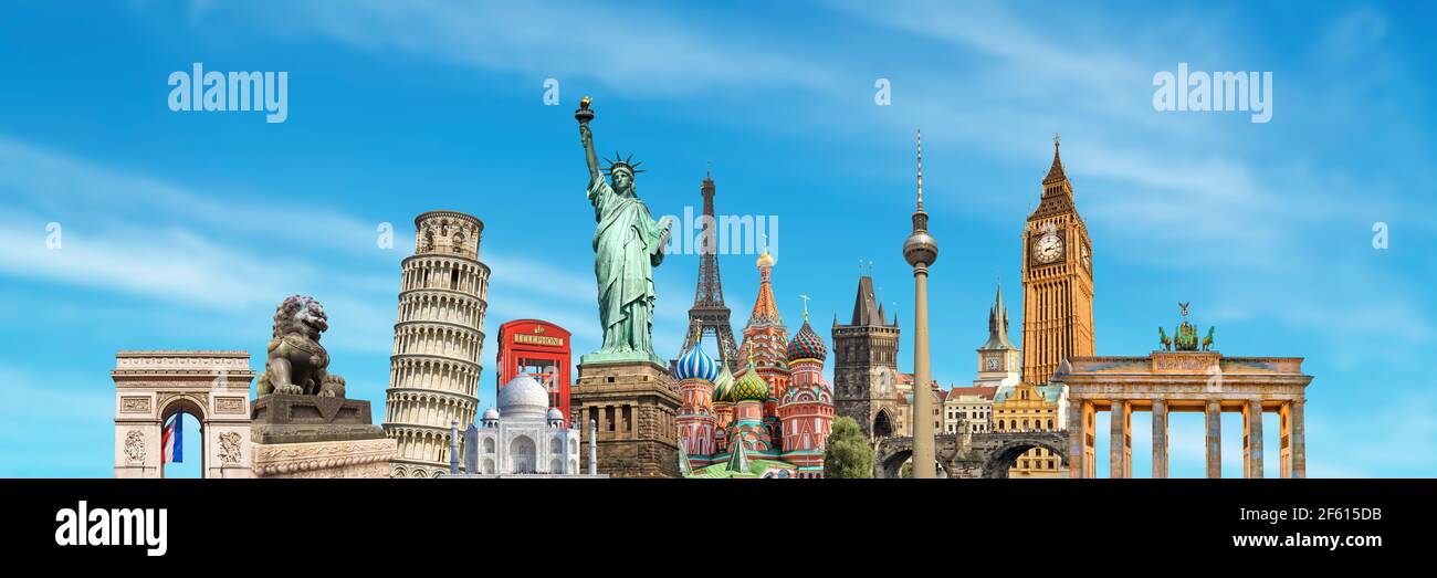 Monuments du monde et monuments célèbres collage panoramique sur ciel bleu arrière-plan Banque D'Images