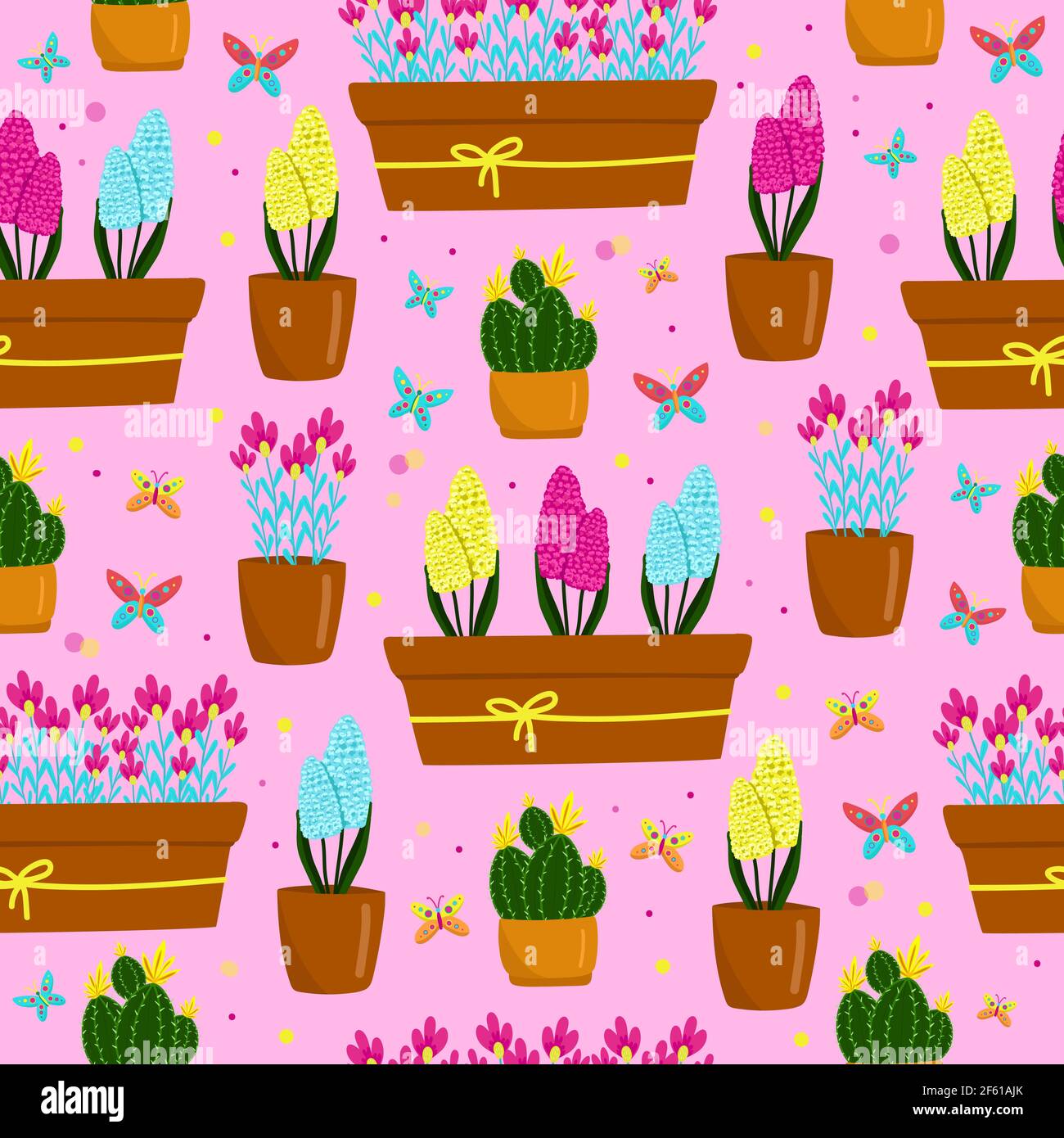Motif sans couture avec jacinthes jaune, bleu et violet-rose dans un pot, belles fleurs printanières dans un pot brun, cadeau pour la fête des femmes, vecteur Illustration de Vecteur