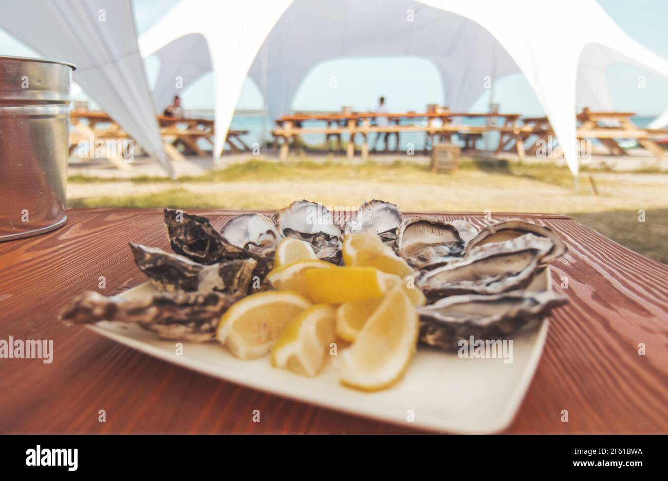 assiette avec huîtres et citrons Banque D'Images