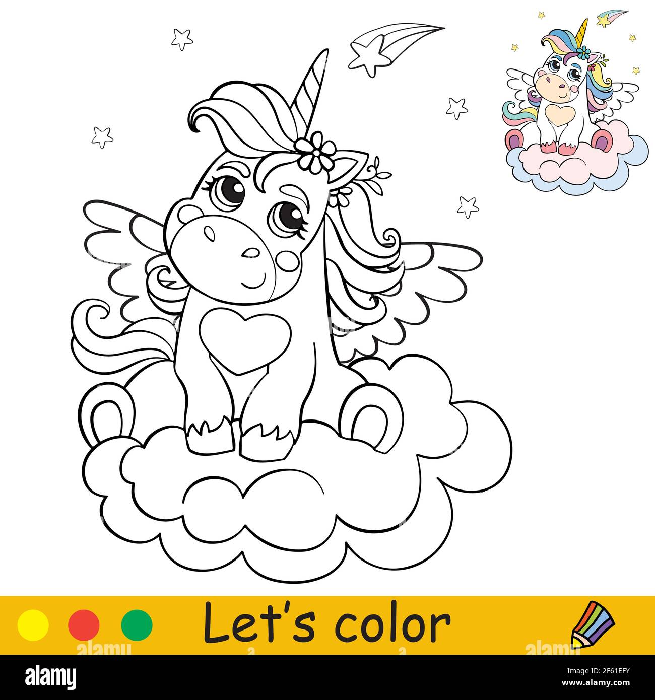 Une licorne mignonne avec des ailes sur un nuage. Page de livre de coloriage avec modèle coloré. Illustration vectorielle isolée. Pour livre de coloriage, impression, jeu, edu Illustration de Vecteur