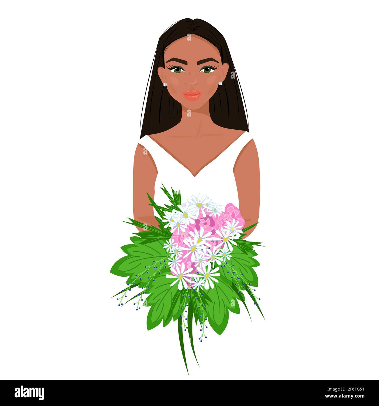 Fille en blanc avec un bouquet de fleurs dans ses mains, jolie femme afro avec maquillage, belle avatar femelle, illustration vectorielle de style plat. Illustration de Vecteur