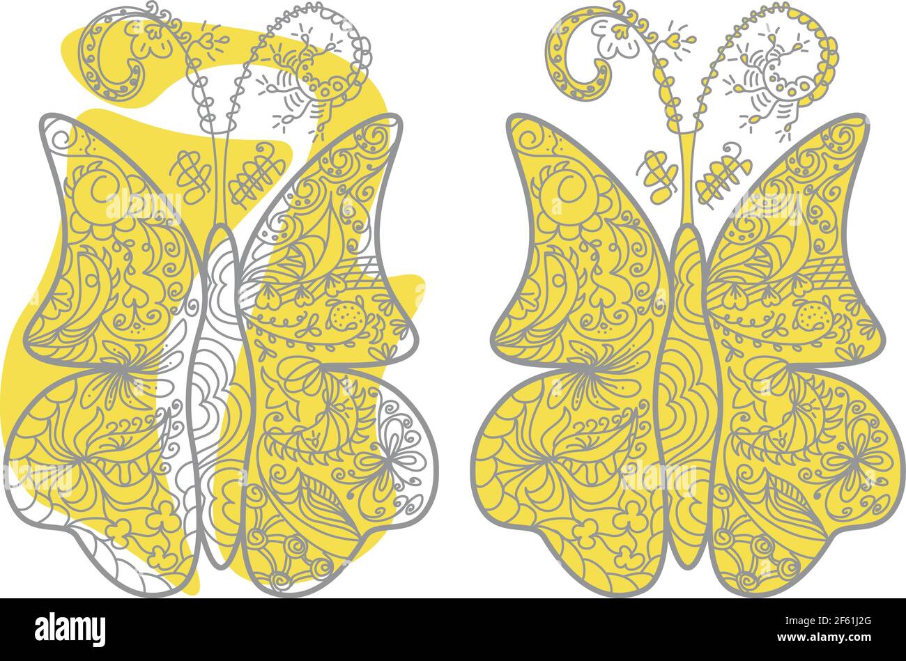 Ensemble d'icônes d'art de ligne avec papillons en Pantone 2021 couleurs jaune et gris Illustration de Vecteur
