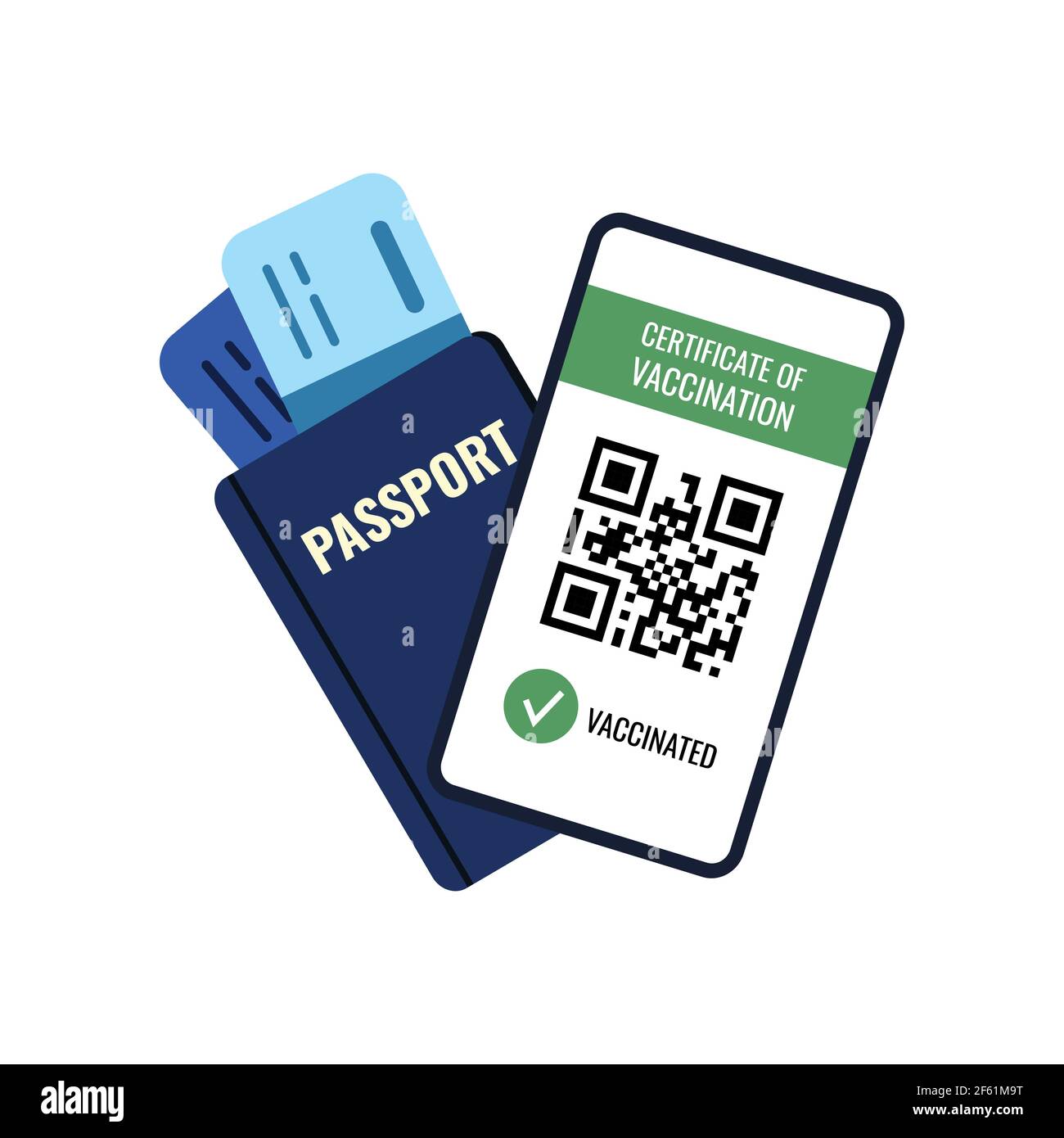 Certificat de vaccination et passeport avec billets concept de voyage isolé sur blanc. Illustration de Vecteur