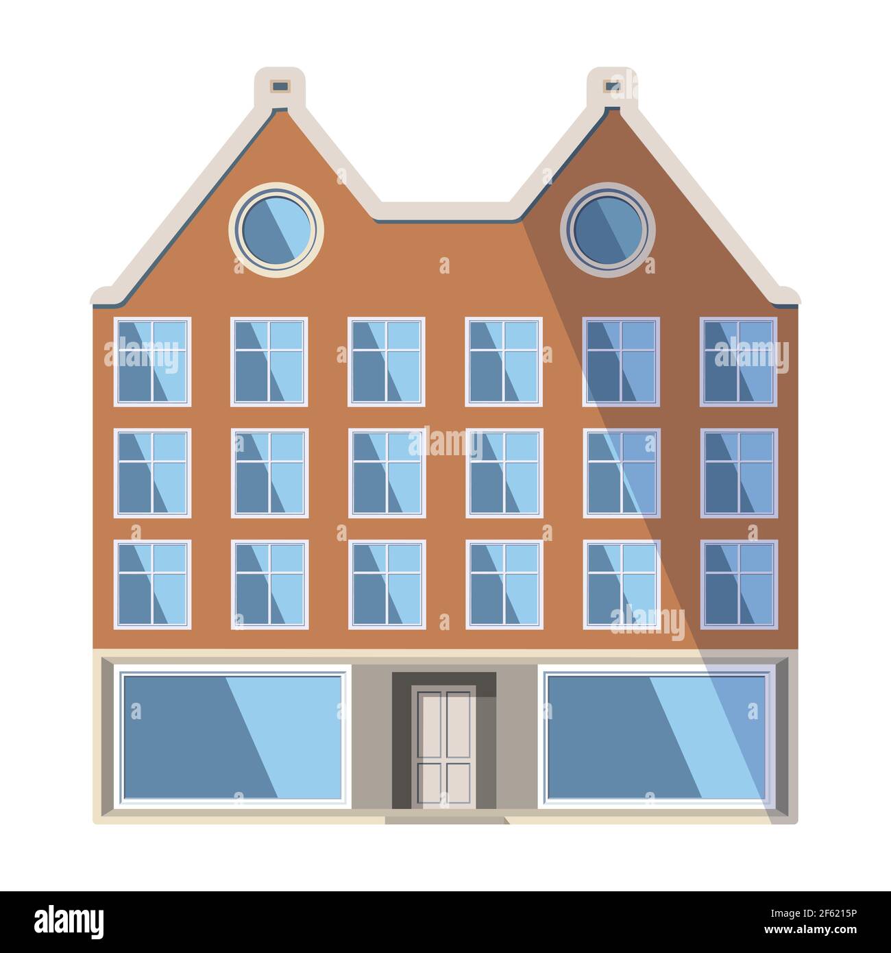 Ancienne maison orange européenne dans le style traditionnel de la ville hollandaise avec un toit à double pignon, des fenêtres rondes mansardées et de grands vitrines. Illustration vectorielle Illustration de Vecteur