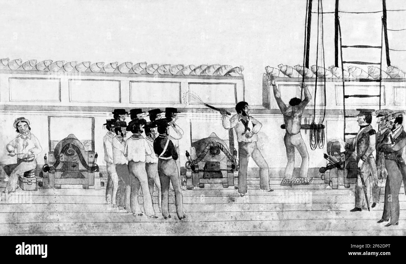 Châtiment à bord de l'USS Cyane, flogging, 1840 Banque D'Images
