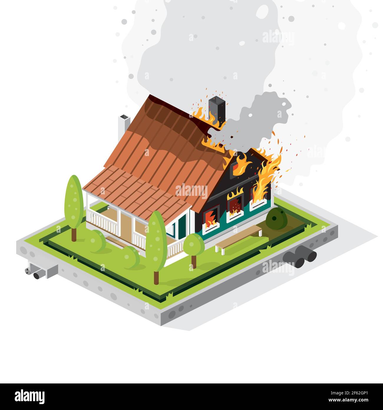 Bâtiment résidentiel de banlieue sur le feu de flamboyant. Concept isométrique. Fumée dense. Danger d'urgence. Illustration vectorielle. Illustration de Vecteur