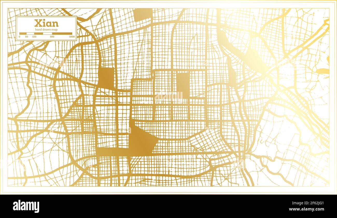 Carte de la ville de Xian China en style rétro en couleur dorée. Carte de contour. Illustration vectorielle. Illustration de Vecteur