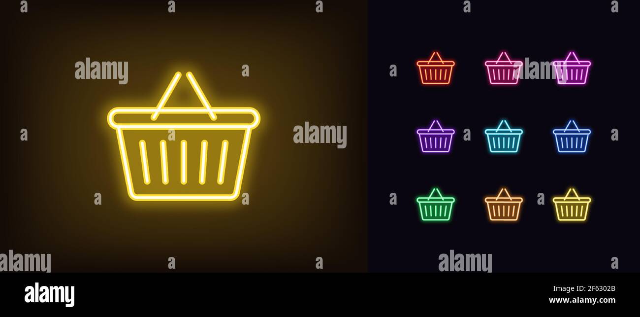 Icône de panier de magasin Neon. Panier au néon brillant avec poignée, enseigne et silhouette aux couleurs vives. Boutique en ligne, panier de site Web, achats en ligne. Ven Illustration de Vecteur
