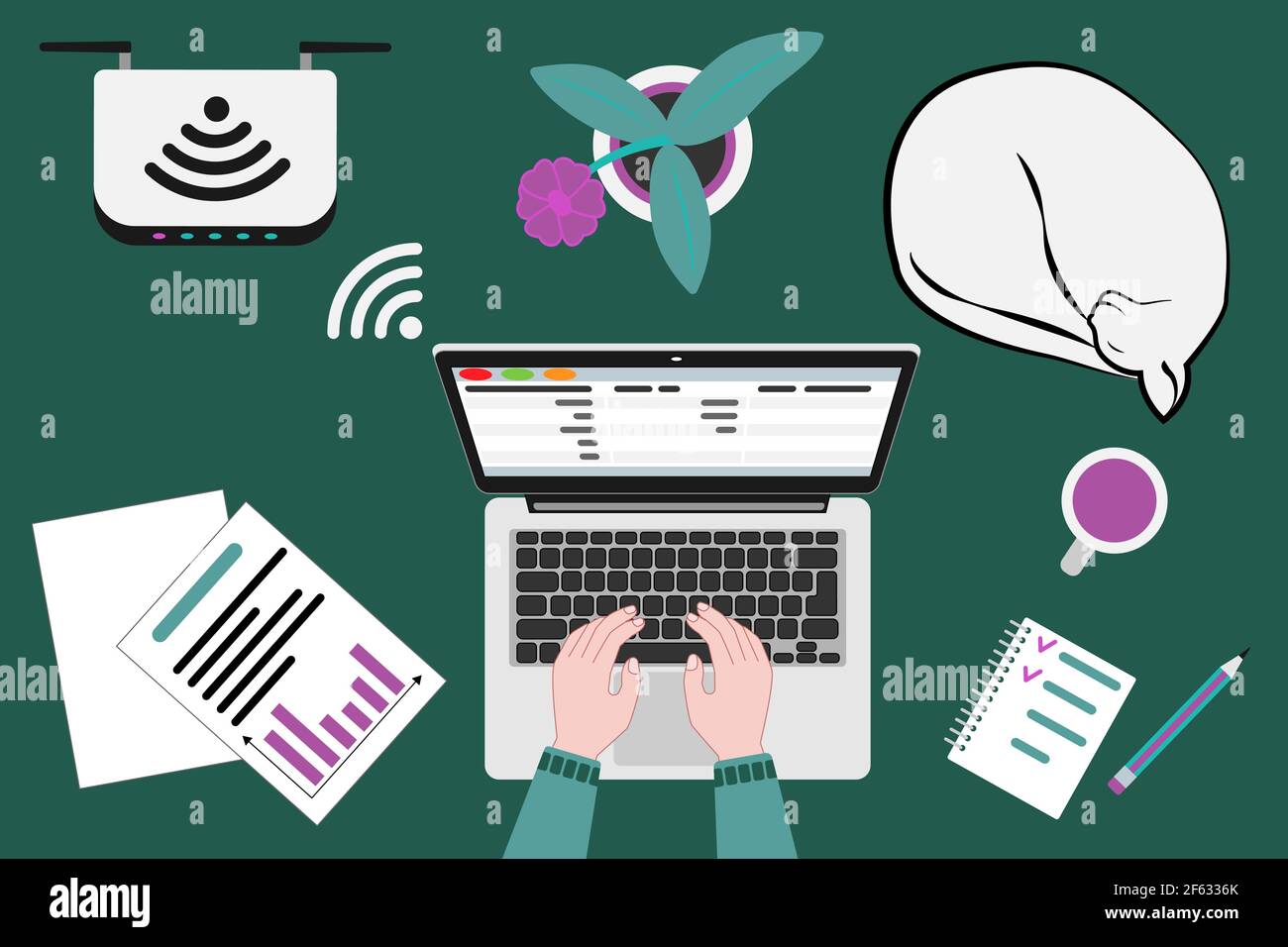 Lieu de travail pour le télétravail ou l'apprentissage à domicile Illustration de Vecteur