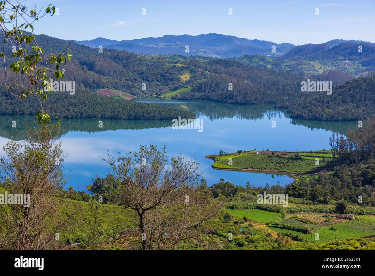 Belle vue sur le lac Emerald (Avalanchi) à la périphérie d'Ooty (Tamil Nadu, Inde) Banque D'Images