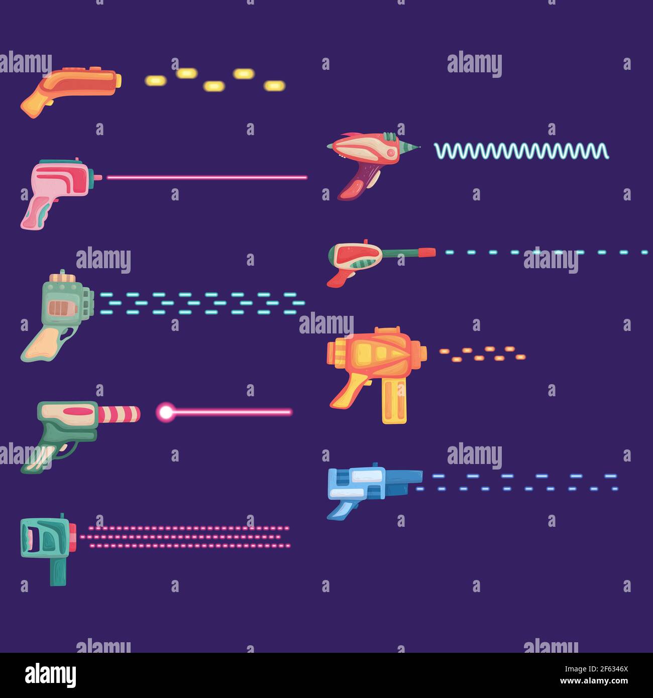 Jeu de dessins animés futuriste et coloré blaster avec rayon. Illustration de Vecteur