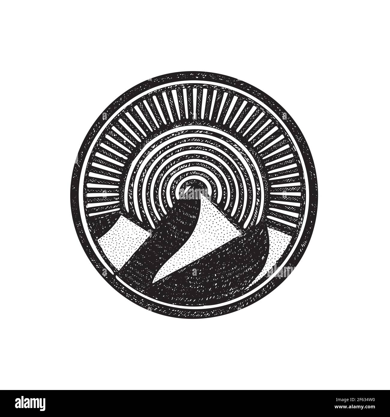 Montagnes et soleil résumé illustration dessinée à la main. Modèle de dessin de style vintage avec logo représentant un cercle de montagne. Activités de plein air Voyage et tourisme graphique s Illustration de Vecteur