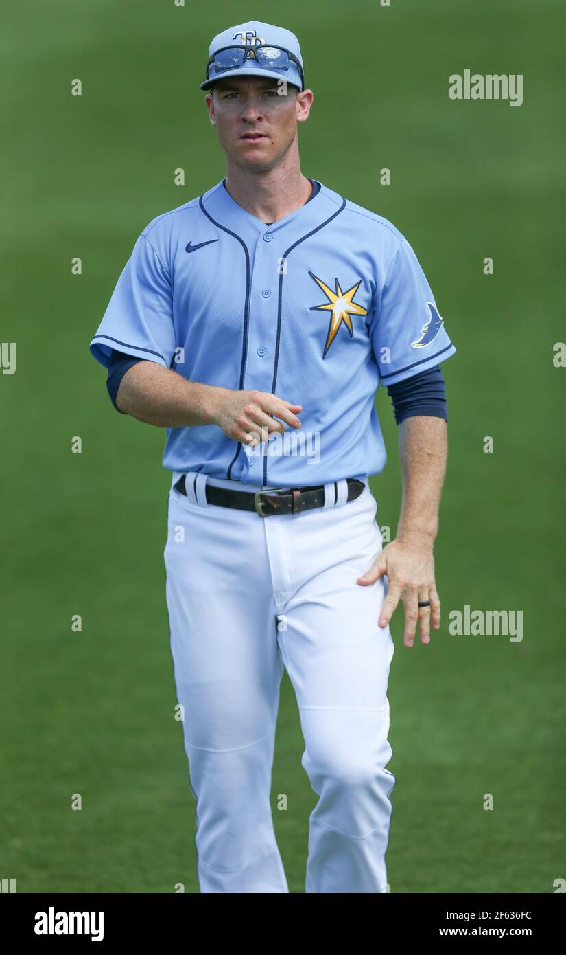 Dimanche 28 mars 2021 Port Charlotte : Joey Wendle (18 ans), troisième joueur des Rays de Tampa Bay, lors d’un match de baseball d’entraînement de printemps au Charlotte Sports Park. Les Rays battent les Braves 16-5 en neuf manches. (Kim Hukari/image du sport) Banque D'Images