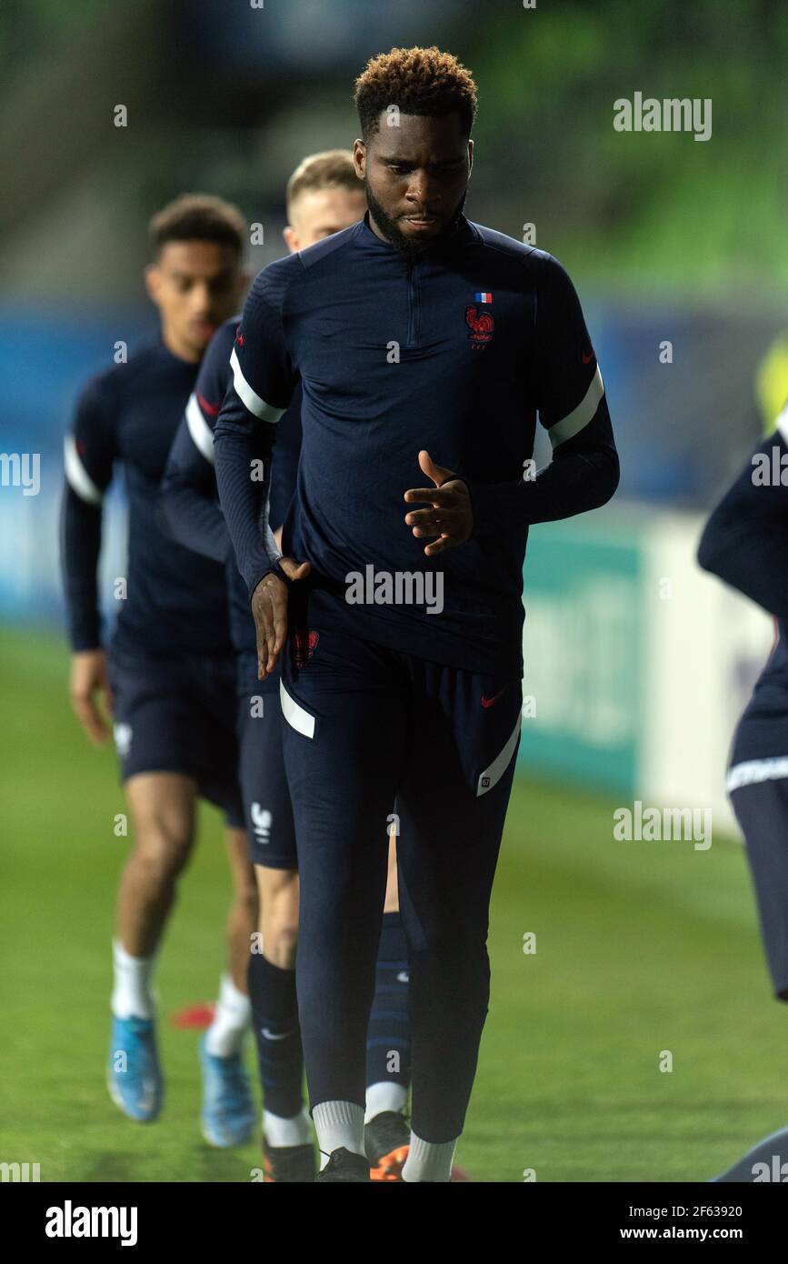 Szombathely, Hongrie. 28 mars 2021. Odsonne Edouard (22) de France vu pendant l'échauffement avant le match de l'UEFA EURO U-21 entre la Russie et la France au stade Haladas à Szombathely. (Crédit photo : Gonzales photo/Alamy Live News Banque D'Images