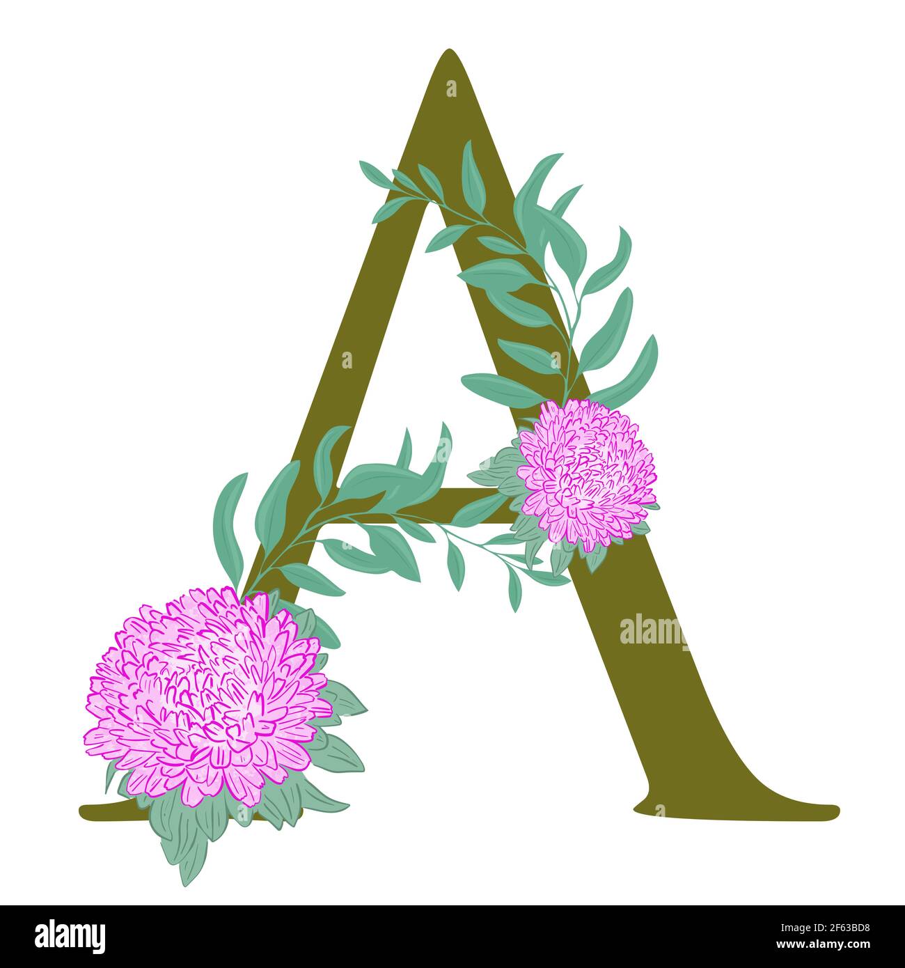 Lettre majuscule A, décorée de fleurs. Lettre a avec des asters roses et des feuilles. Lettre stylisée de l'alphabet avec fleurs.Vector. Illustration de Vecteur