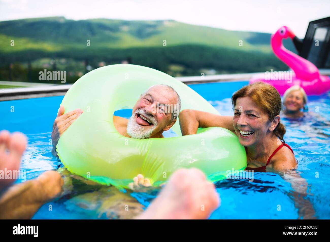 Groupe de personnes âgées gaies dans la piscine à l'extérieur dans l'arrière-cour, s'amuser. Banque D'Images