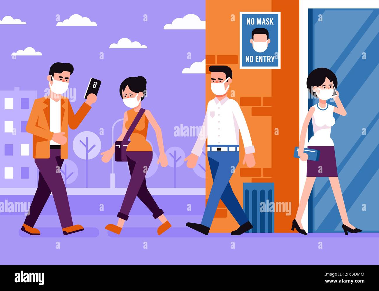 Nouveau normal - personnes dans les masques médicaux dans les rues de la ville Illustration de Vecteur
