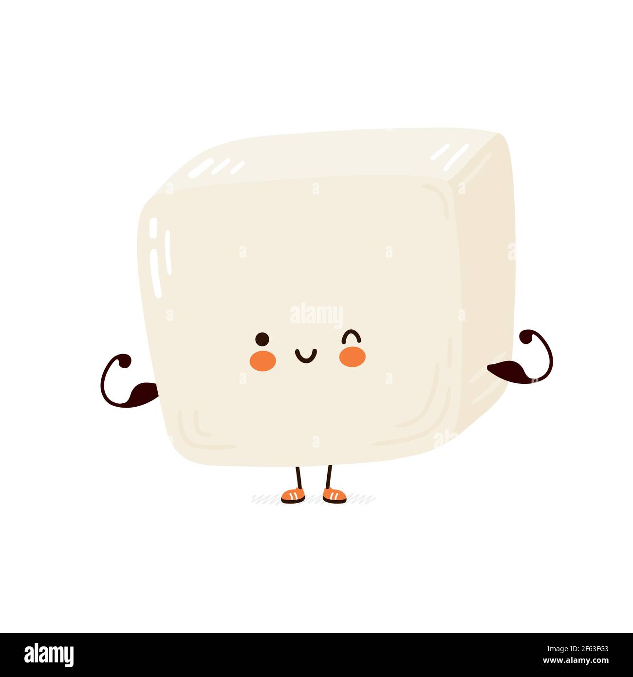 Mignon drôle tofu montrer le muscle. Icône d'illustration de personnage de dessin animé à la main de vecteur kawaii. Isolé sur fond blanc. Tofu fitness concept Illustration de Vecteur