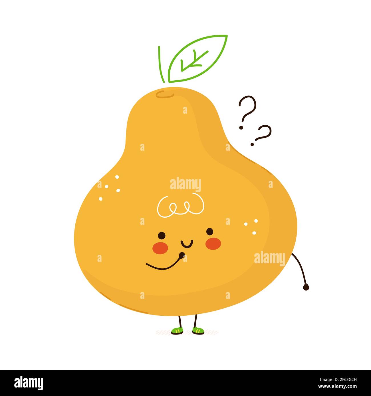 Joli fruit de poire drôle avec points d'interrogation. Icône d'illustration de personnage de dessin animé à la main de vecteur kawaii. Isolé sur fond blanc. Concept de pensée de fruit de poire Illustration de Vecteur