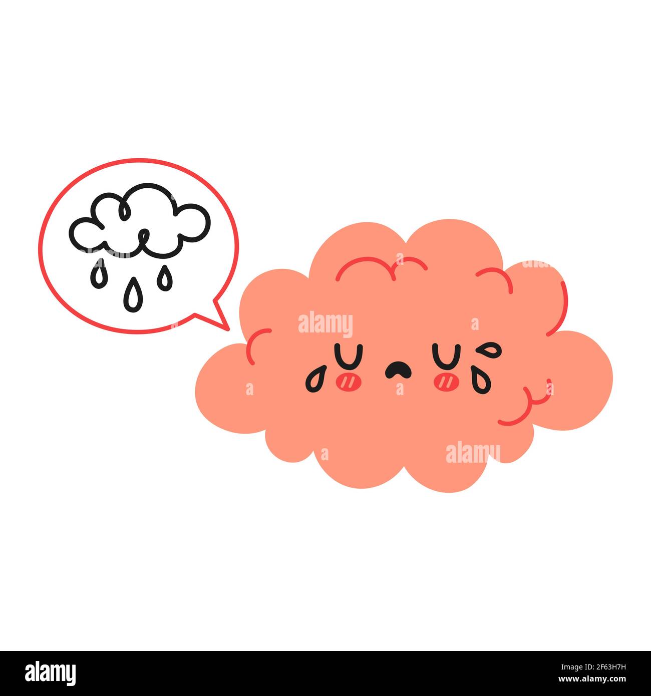 Joli personnage drôle de cerveau et bulle de parole avec nuage de pluie. Icône d'illustration de personnage de dessin animé à la main de vecteur kawaii. Isolé sur fond blanc. Concept de personnage de triste cri de cerveau Illustration de Vecteur