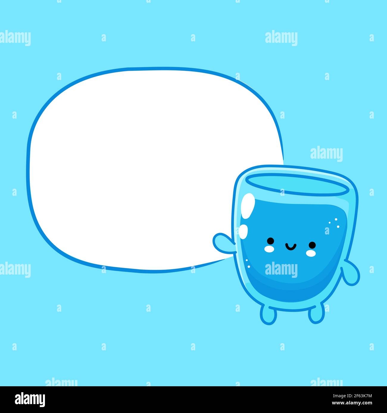 Joli drôle heureux personnage de verre d'eau avec bulle de parole. Icône d'illustration de personnage de dessin animé kawaii à lignes planes vectorielles. Concept de personnage en verre d'eau Illustration de Vecteur