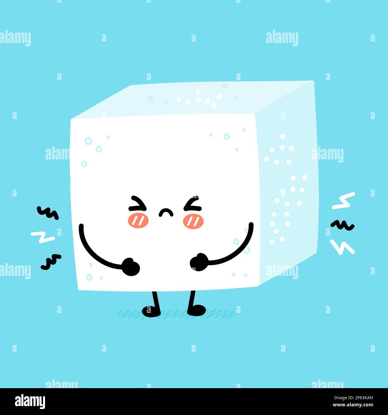 Mignon drôle triste morceau de sucre caractère cube. Icône d'illustration de personnage de dessin animé kawaii à lignes planes vectorielles. Concept de personnage de cube de sucre Illustration de Vecteur