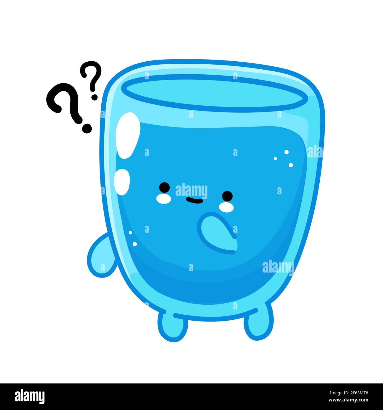 Joli drôle heureux personnage de verre d'eau avec des points d'interrogation. Icône d'illustration de personnage de dessin animé kawaii à lignes planes vectorielles. Isolé sur fond blanc. Concept de personnage en verre d'eau Illustration de Vecteur