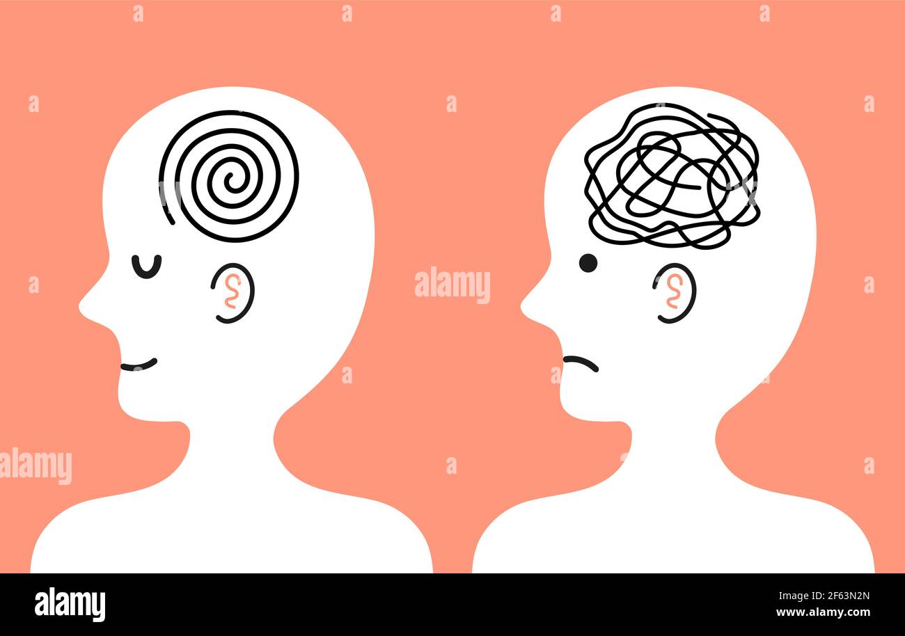 Mignon personnage humain avec un enchevêtrement de pensées désordonnées et l'esprit clair dans la tête. Icône d'illustration de personnage de dessin animé vectoriel kawaii. Mauvaise et bonne humeur, dépression, concept de caractère de santé mentale Illustration de Vecteur