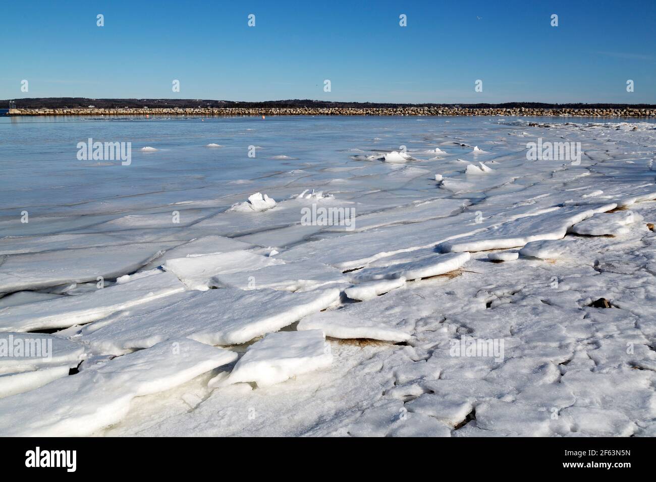 La glace en feuilles flotte dans l'anse partiellement gelée de Rafuses Cove, en Nouvelle-Écosse, au Canada. Un quai protège le port. Banque D'Images