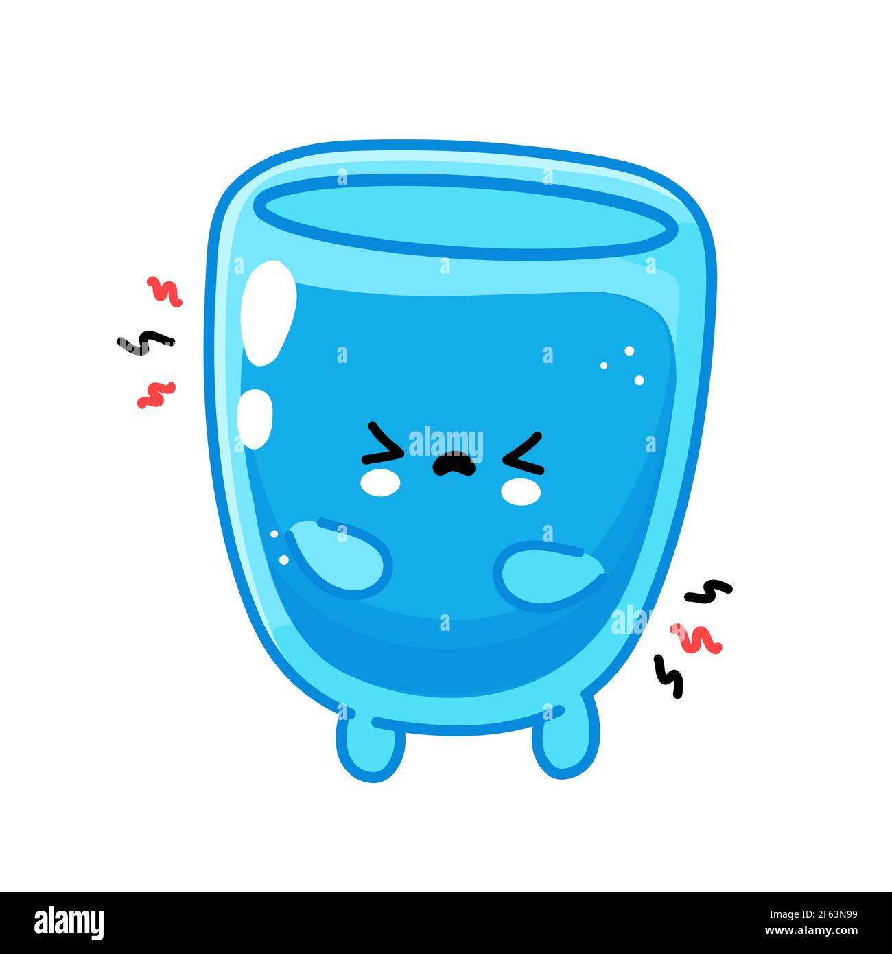 Charmant drôle triste personnage de verre d'eau. Icône d'illustration de personnage de dessin animé kawaii à lignes planes vectorielles. Isolé sur fond blanc. Concept de personnage en verre d'eau Illustration de Vecteur