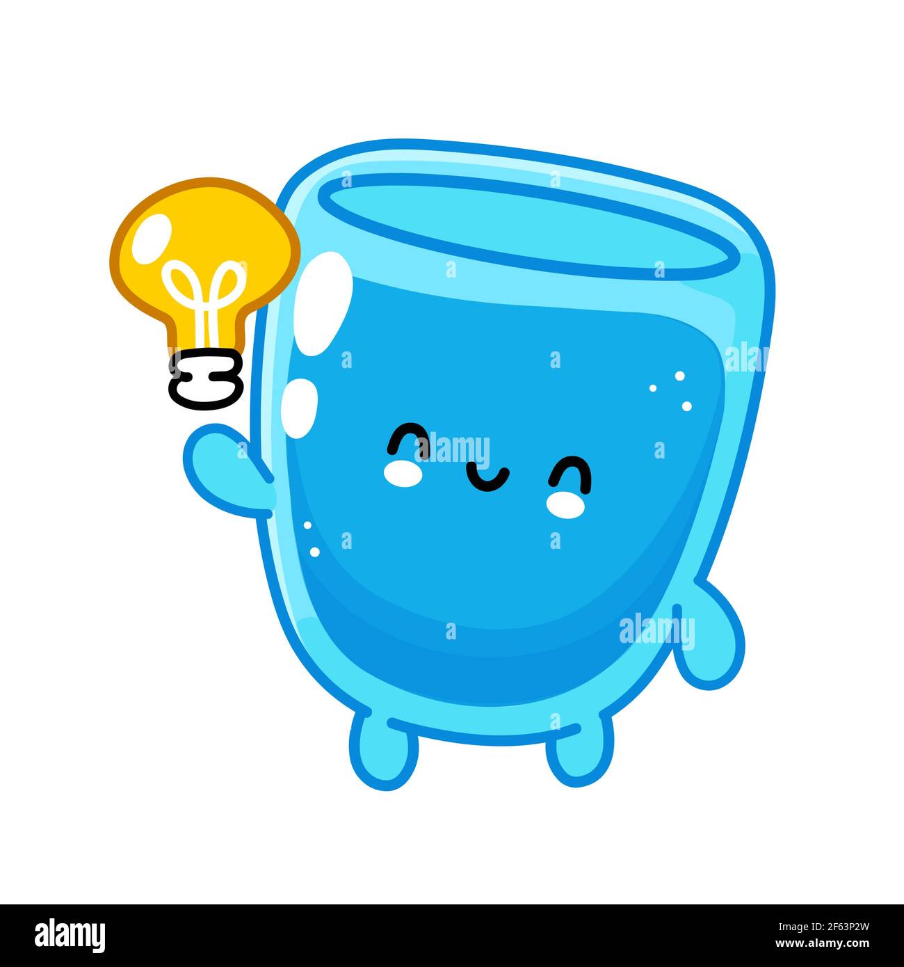 Joli drôle heureux personnage de verre d'eau avec ampoule d'idée. Icône d'illustration de personnage de dessin animé kawaii à lignes planes vectorielles. Isolé sur fond blanc. Concept de personnage en verre d'eau Illustration de Vecteur