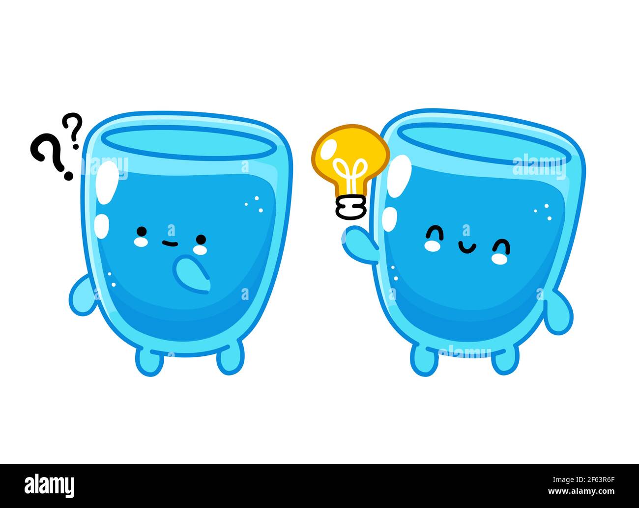 Joli drôle heureux verre d'eau caractère avec point d'interrogation et idée ampoule. Icône d'illustration de personnage de dessin animé kawaii à lignes planes vectorielles. Isolé sur fond blanc. Concept de personnage en verre d'eau Illustration de Vecteur