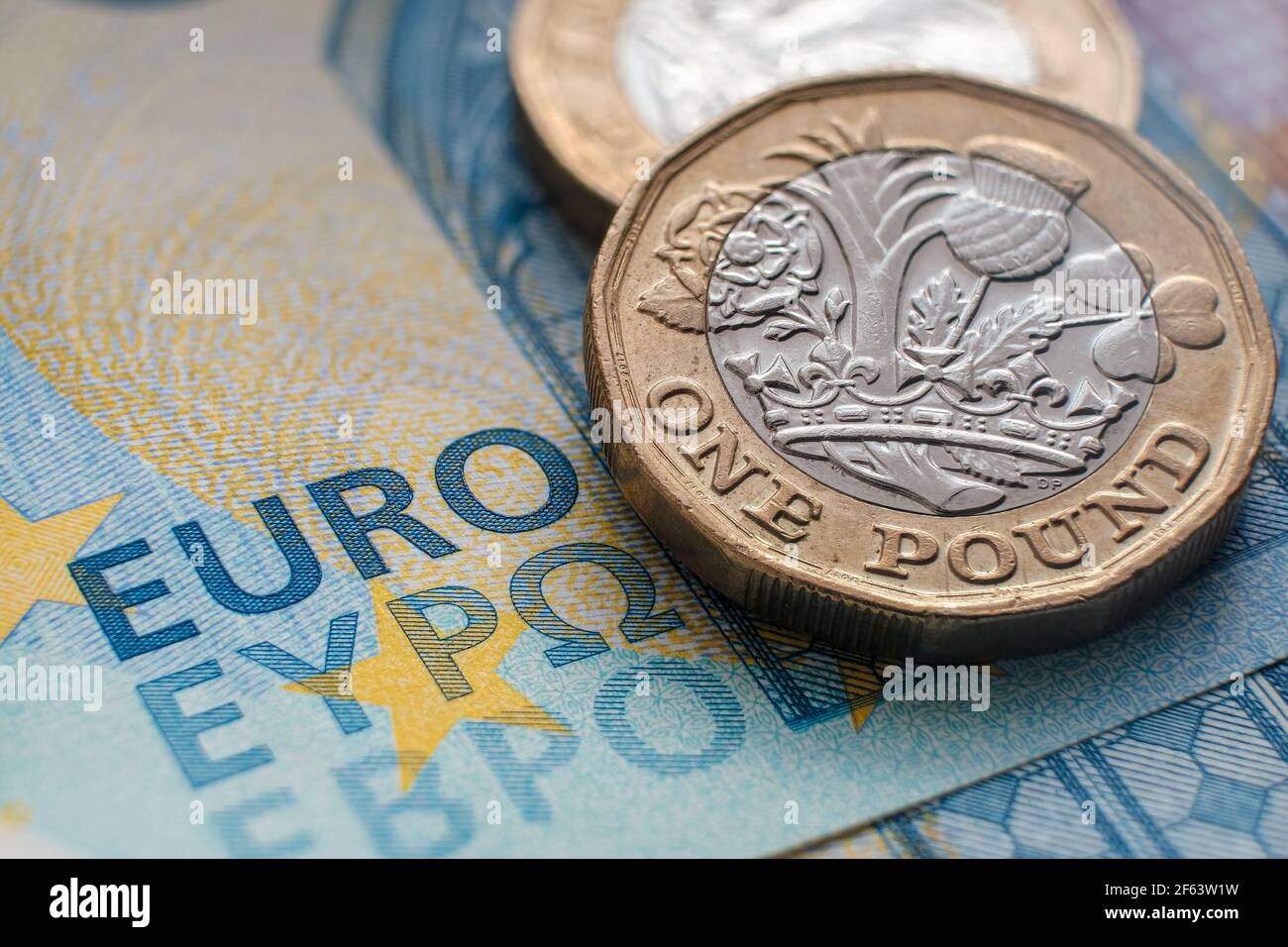Une pièce de monnaie britannique d'une livre placée sur un billet de banque de 20 EUROS avec les mots visibles 'EURO' traduits dans différentes langues. Concept. Mise au point sélective. Macro. Banque D'Images