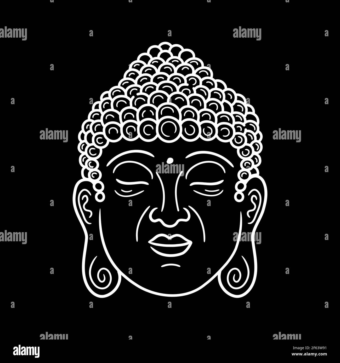 Portrait de Bouddha sur fond noir. Icône d'illustration de caractère de style vectoriel dessiné à la main. Motif visage de Bouddha avec ligne de caractères pour poster, carte, t-shirt Illustration de Vecteur