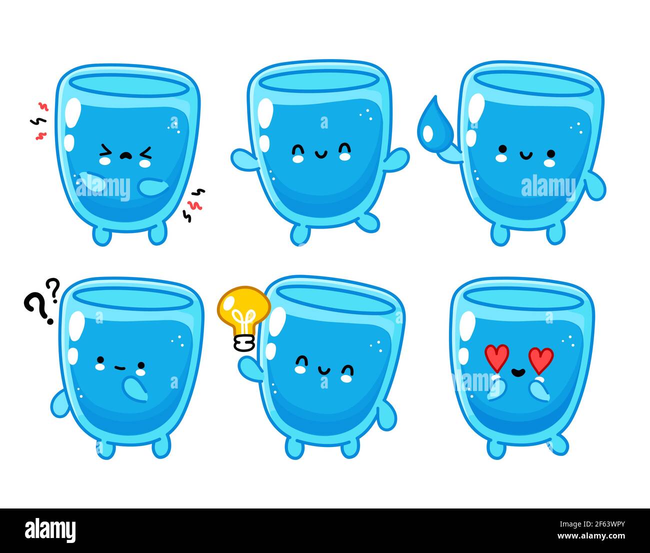 Collection de jeux de personnages en verre d'eau mignons et drôles. Icône d'illustration de personnage de dessin animé kawaii à lignes planes vectorielles. Isolé sur fond blanc. Concept de groupe de personnages en verre d'eau Illustration de Vecteur