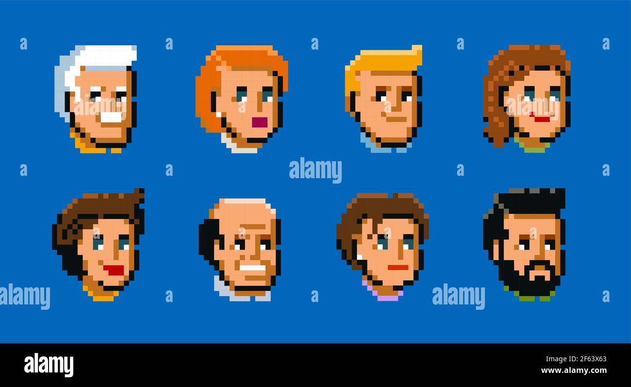 Les gens, hommes et femmes visages avatars. Les icônes vectorielles de style pixel art définissent l'illustration vectorielle Illustration de Vecteur