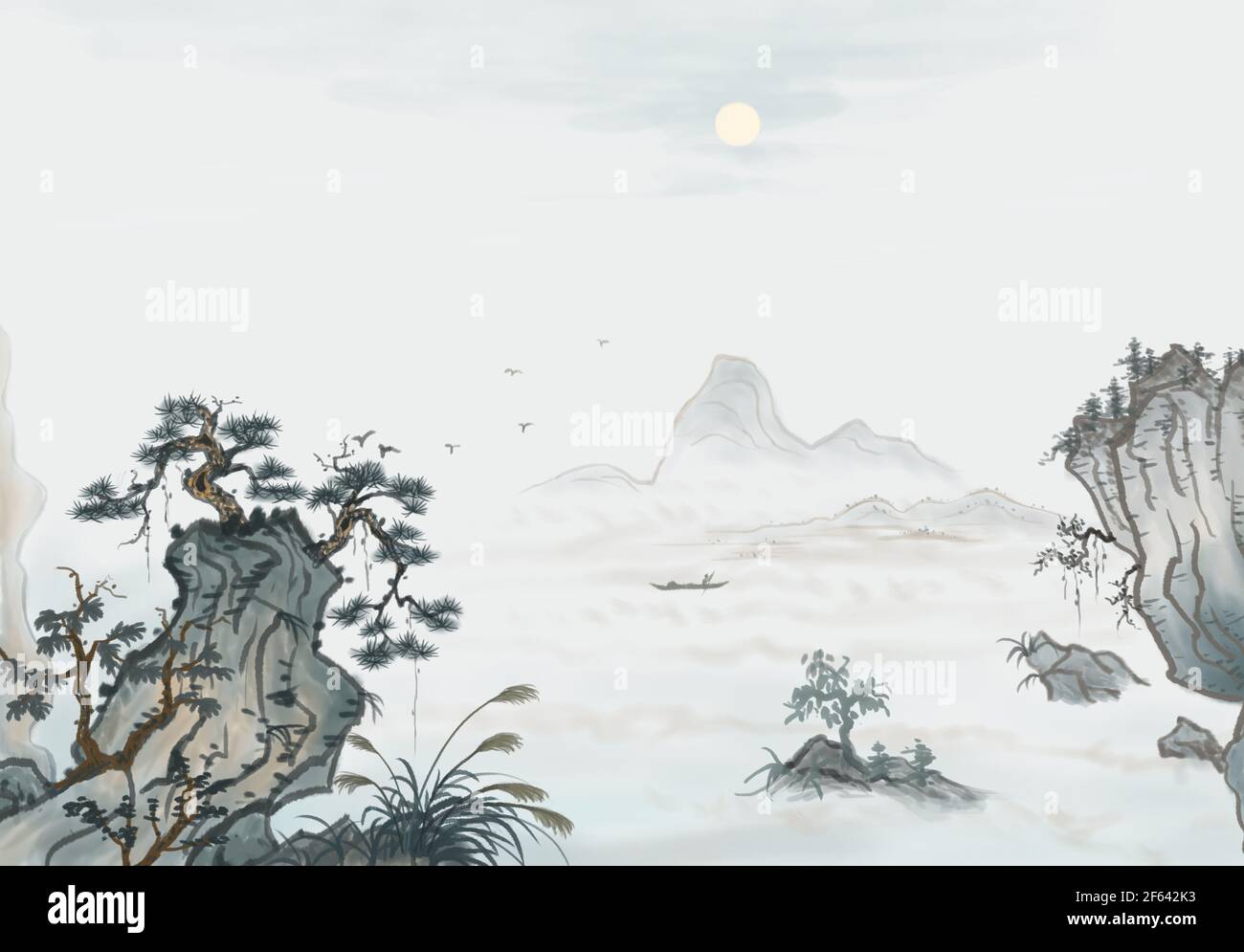Une conception artistique distante de la peinture zen Ink paysage Banque D'Images