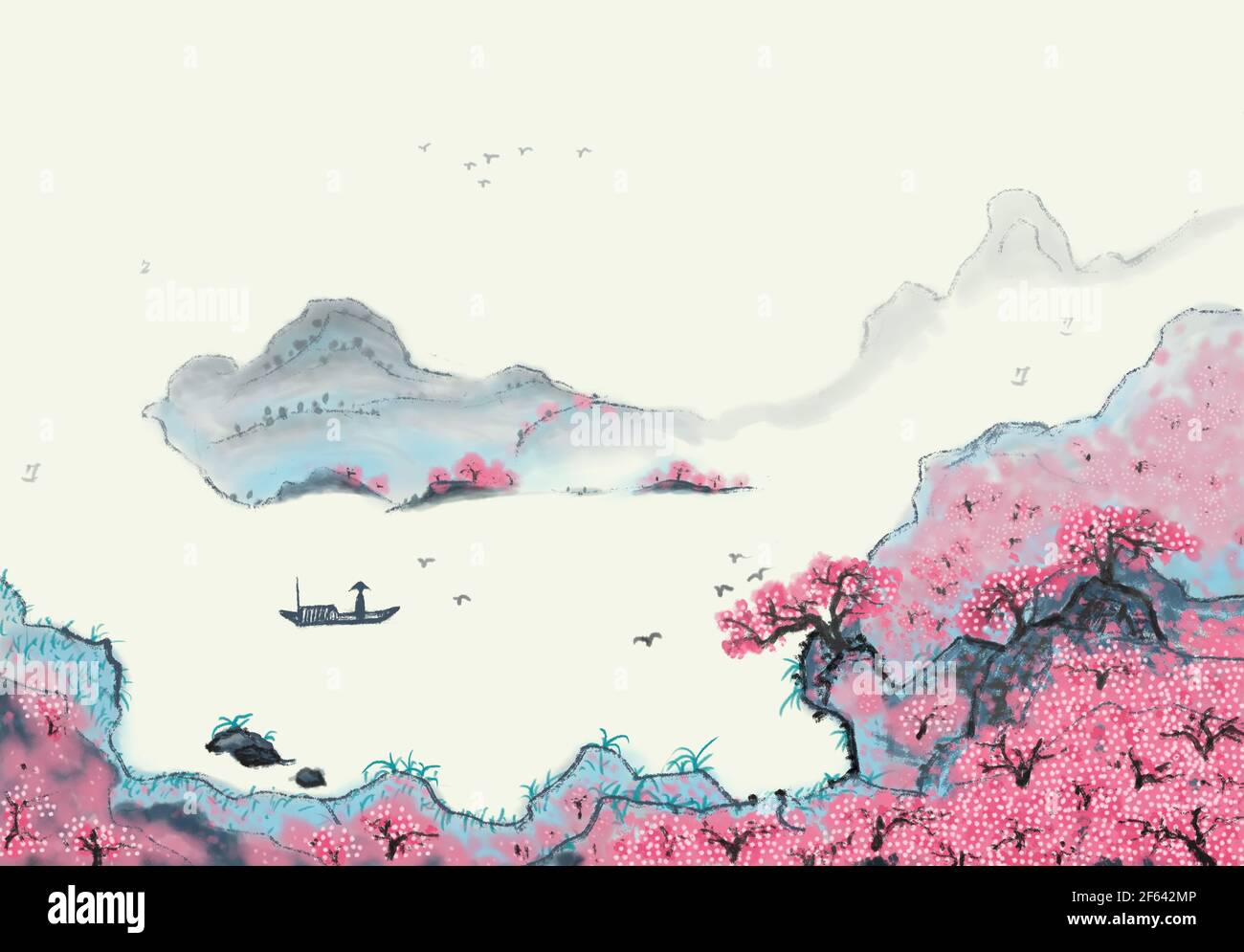 Peinture à l'encre de paysage de fleurs de pêche Banque D'Images