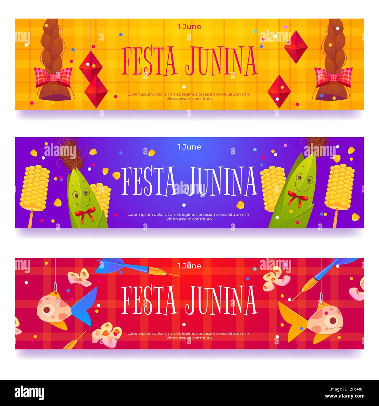 Bannières Festa Junina isolées sur fond blanc. Ensemble vectoriel de flyers horizontaux avec dessin animé traditionnelle décoration de carnaval le mois de juin partie brésilienne, braïdes, poisson et maïs Illustration de Vecteur