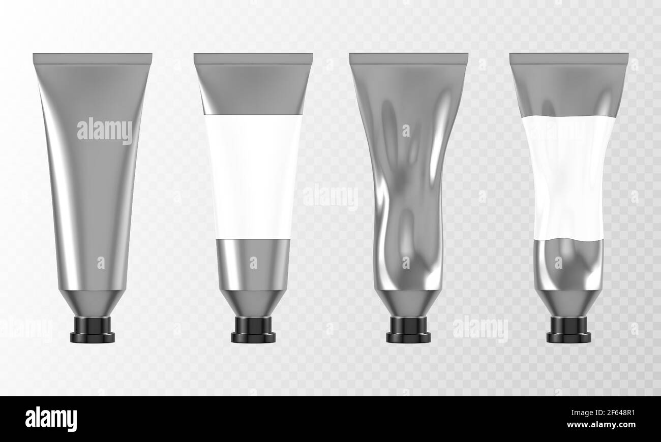 Tube Metallique Pour Creme A La Main Ou Peinture Maquette 3d Vue Avant Emballage Couleur Aluminium Ou Argent Avec Etiquette Vierge Et Capuchon Noir Plein Utilise Produit Cosmetique Colle Ou Paquet De